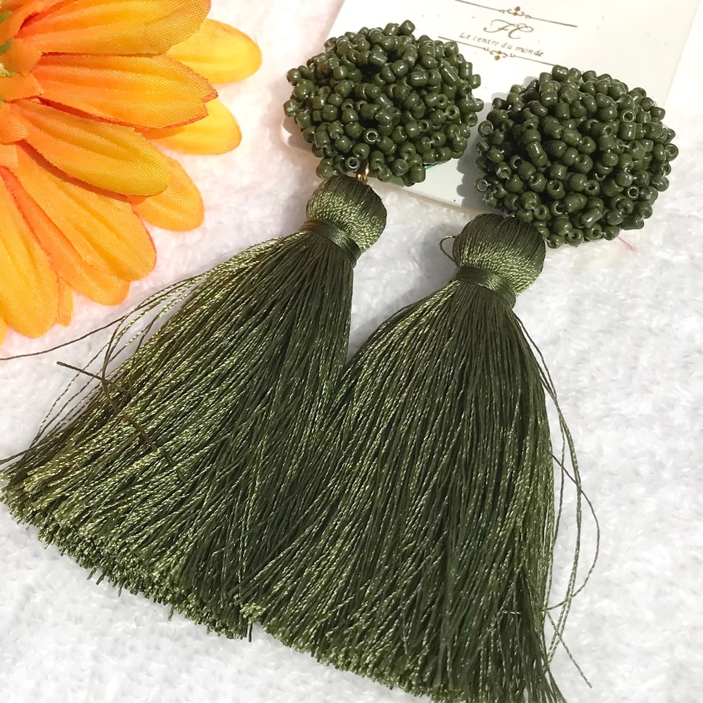 New! Large Olive Boho Earrings Fluffy Post Tassels - Picture 4 of 4